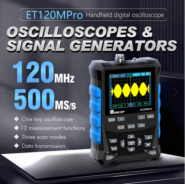ET120M Professional Handheld Digital Oscilloscope 120MHz Analog Bandwidth 500MS/s Sampling Rate 320x240 LCD Screen Support Waveform Storage with Backlight