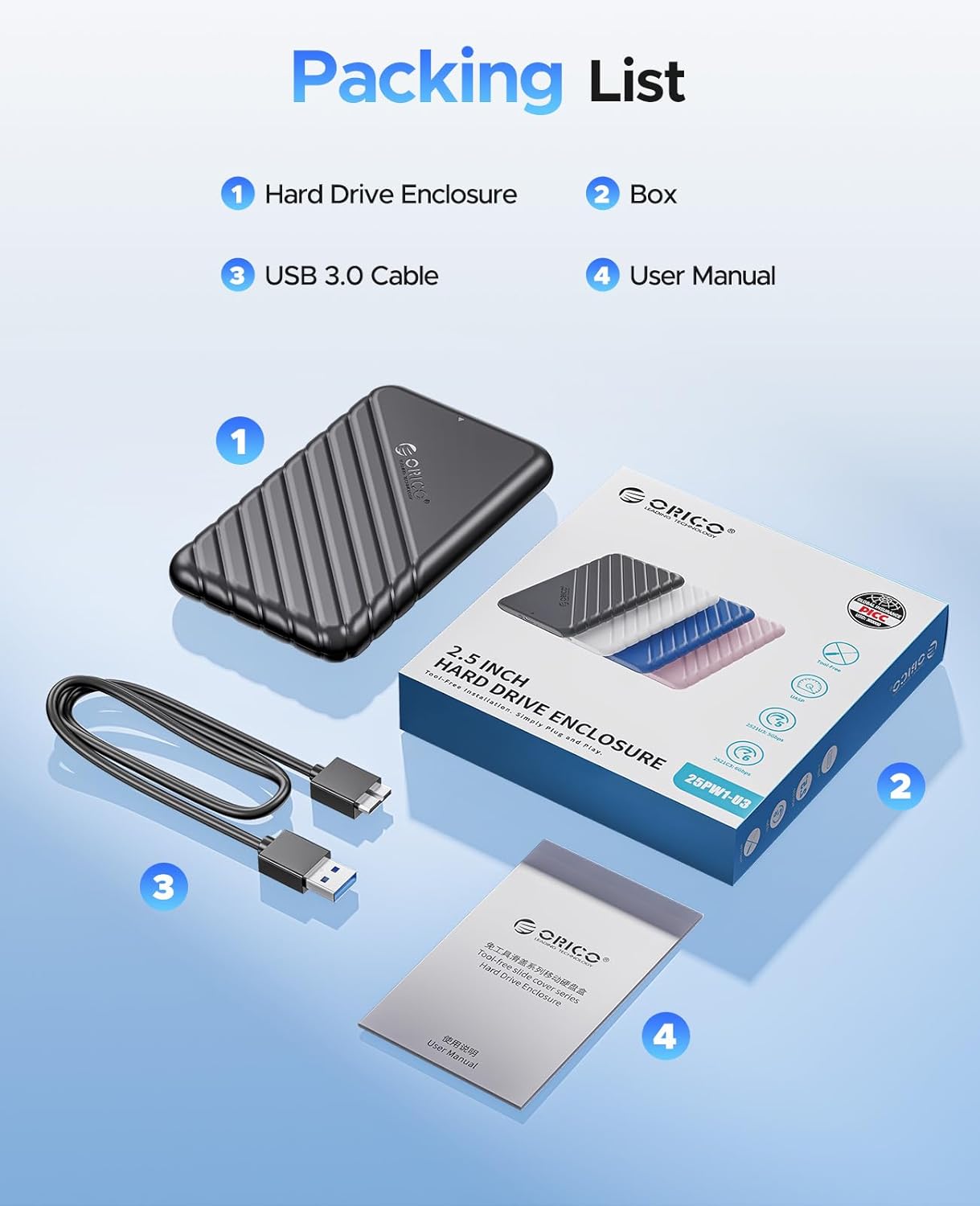 ORICO 2.5 inch External Hard Drive Enclosure USB 3.0 to SATA III for 7mm and 9.5mm SATA HDD SSD Tool Free [UASP Supported] Black (25PW1-U3) — صورة 5