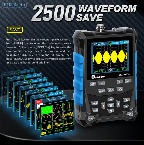 ET120M Professional Handheld Digital Oscilloscope 120MHz Analog Bandwidth 500MS/s Sampling Rate 320x240 LCD Screen Support Waveform Storage with Backlight — صورة 3