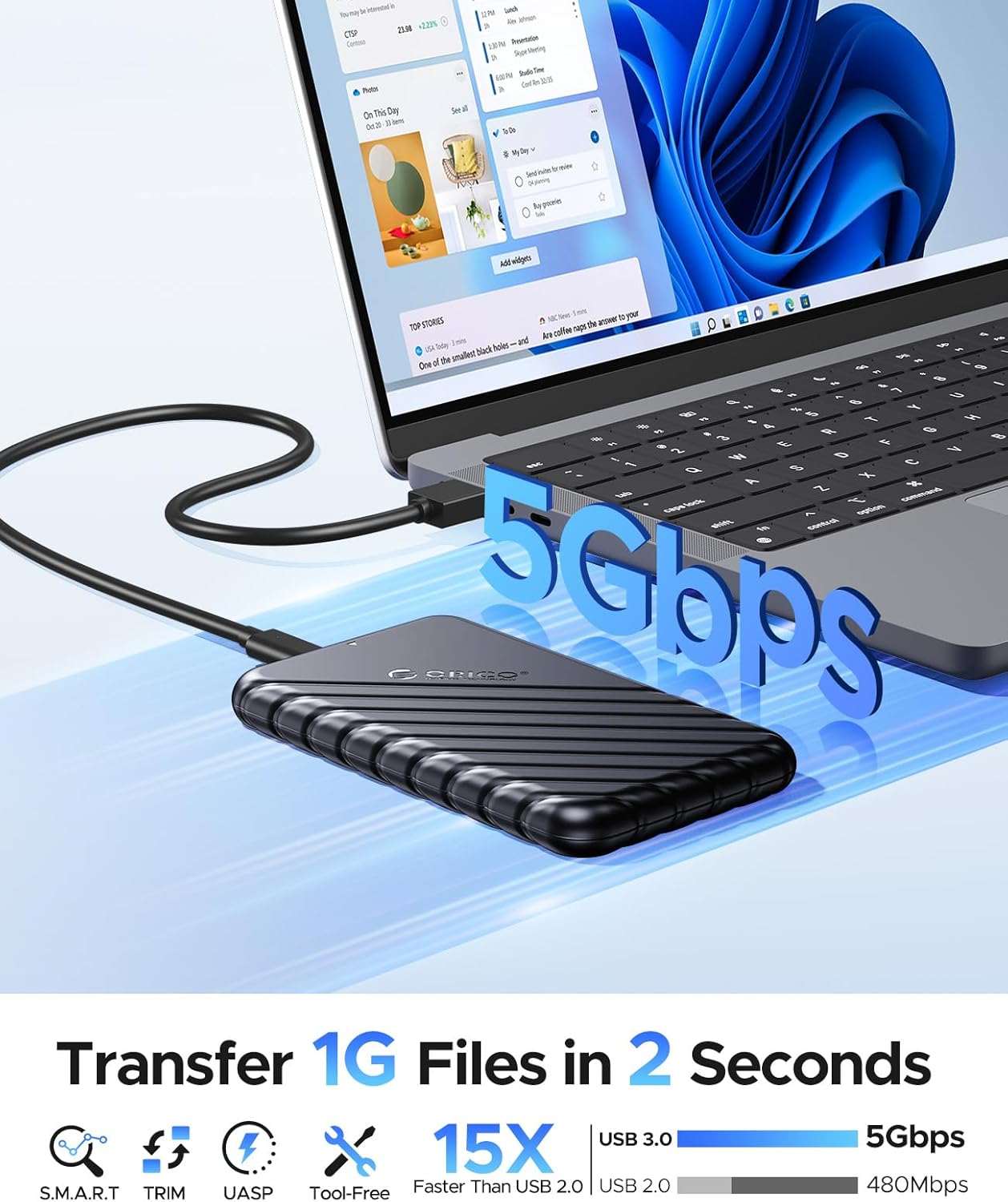 ORICO 2.5 inch External Hard Drive Enclosure USB 3.0 to SATA III for 7mm and 9.5mm SATA HDD SSD Tool Free [UASP Supported] Black (25PW1-U3) — صورة 2