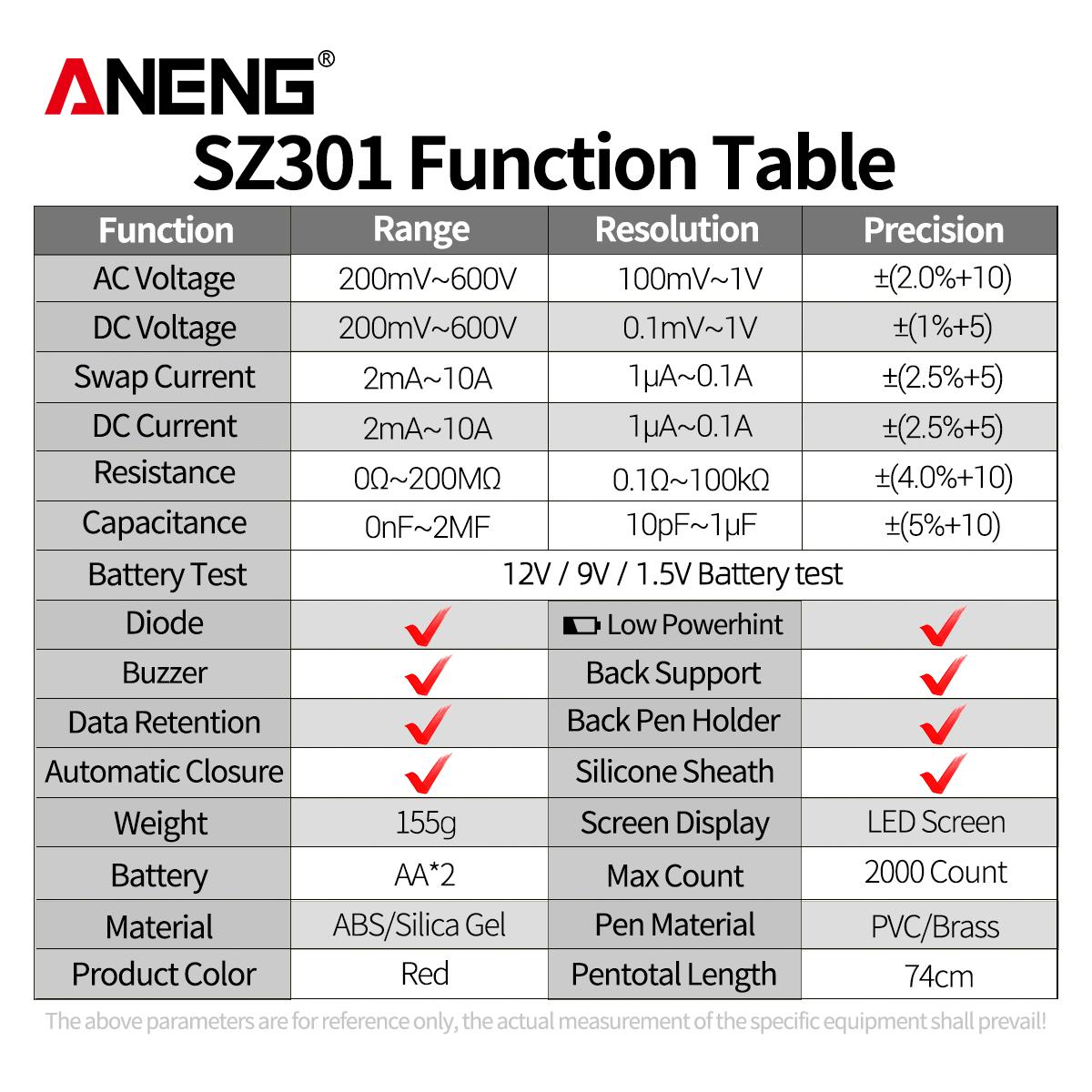 Aneng SZ301 Digital Multimeter AC/DC Votage Current Automatic Tester Electrical Resistance Ohm Ammeter Capacitance Meter — صورة 2