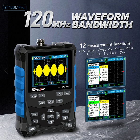 ET120M Professional Handheld Digital Oscilloscope 120MHz Analog Bandwidth 500MS/s Sampling Rate 320x240 LCD Screen Support Waveform Storage with Backlight — صورة 2