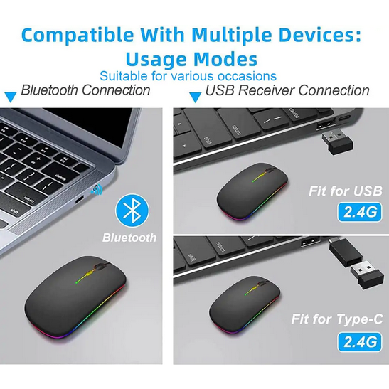 Wireless Mouse 2.4G Bluetooth Mouse Rechargeable Silent Mouse USB & Type-c Receiver Dual Mode LED Mouse Laptop Mouse for Computer MacBook iPad iPhone — صورة 2
