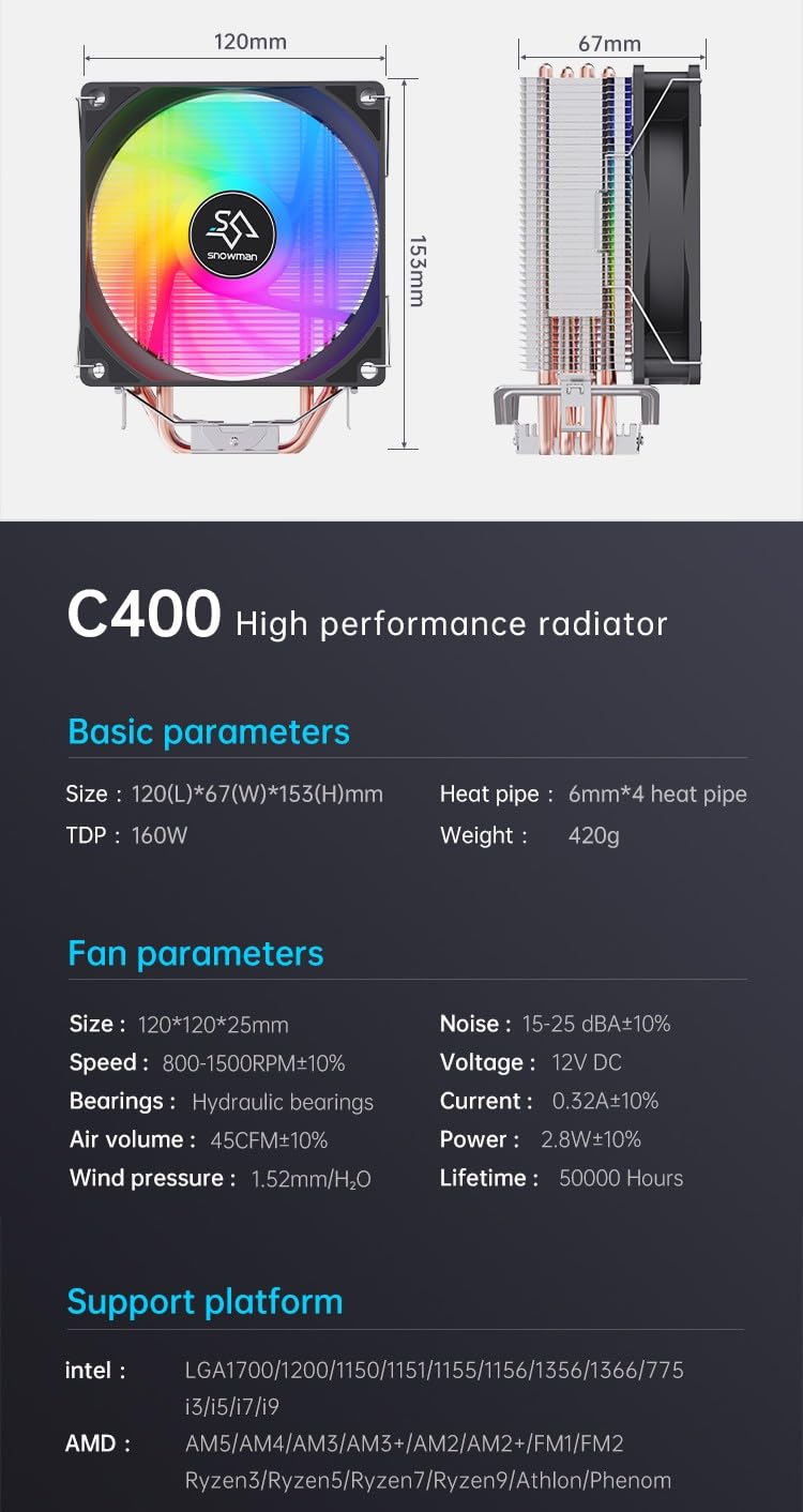 C400 CPU Air Cooler with 4 Heat Pipes, 120mm ARGB PWM Fan, Motherboard Sync ARGB Lighting, 5V 4-pin CPU Cooler, Compatible with AMD RyzenIntel LGA 1700115X — صورة 3