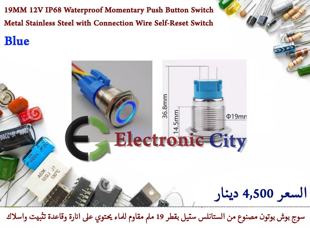 19MM 12V IP68 Waterproof Momentary Push Button Switch Metal Stainless Steel with Connection Wire Self-Reset Switch Blue #B7 X52103LA