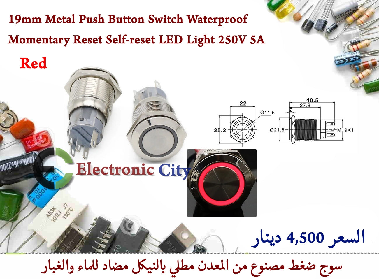 19mm Metal Push Button Switch Waterproof Momentary Reset Self-reset LED Light 250V 5A Red #B7 X52475