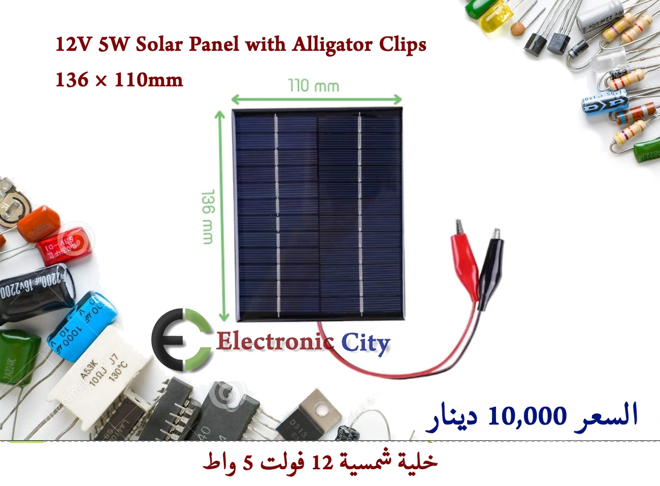 12V 5W Solar Panel with Alligator Clips 136 × 110mm #X6 688398